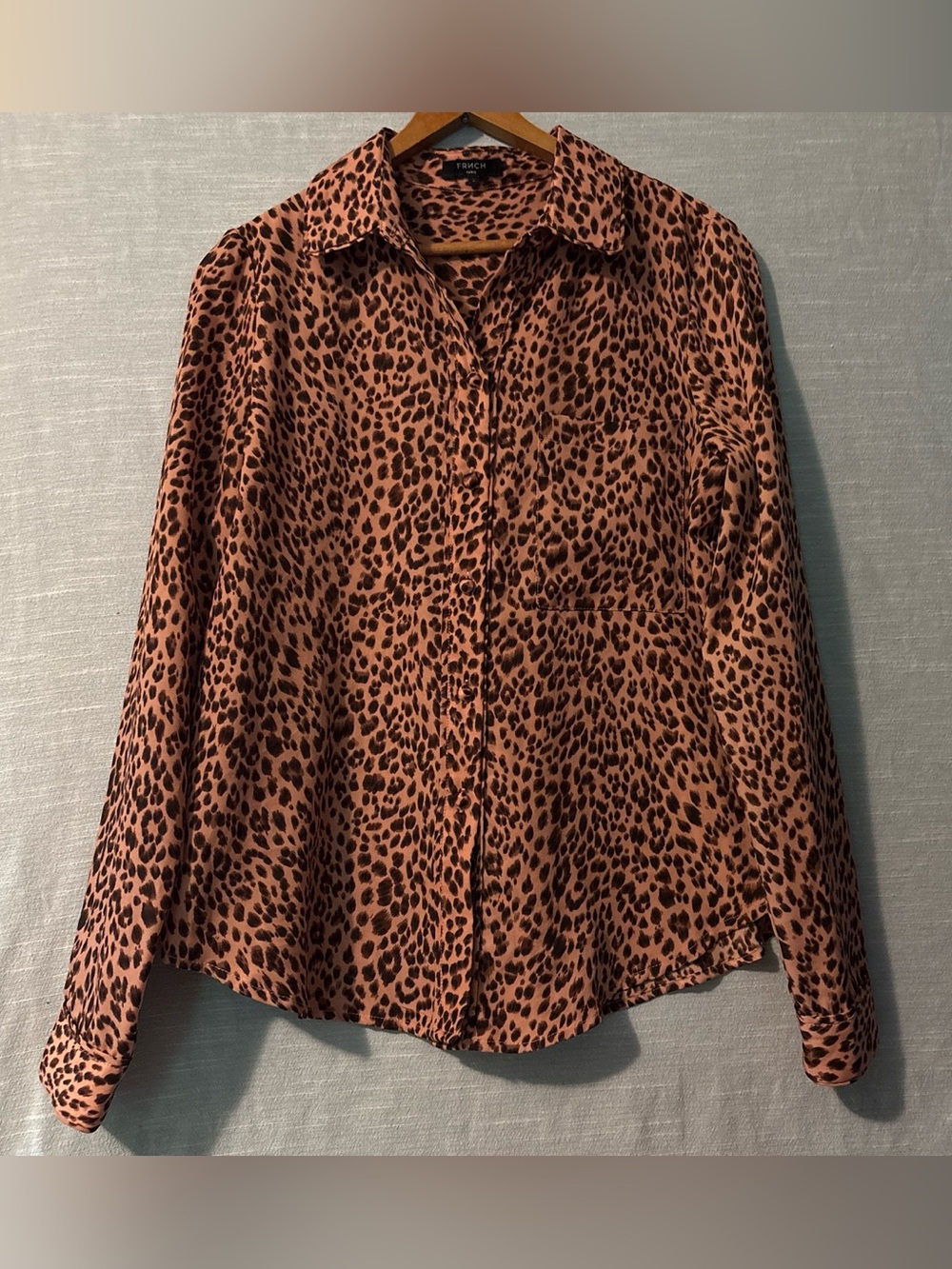 FRNCH Blouse Long Sleeve Button Up Pinkish Bronze Leopard Print Women’s Sz S